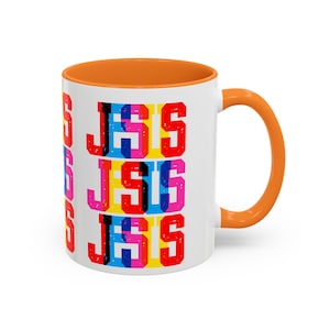 イエス・キリストのカラフルなJSパターンマグカップ｜JavaScriptでコード化されたタイポグラフィ、11オンス×15オンス