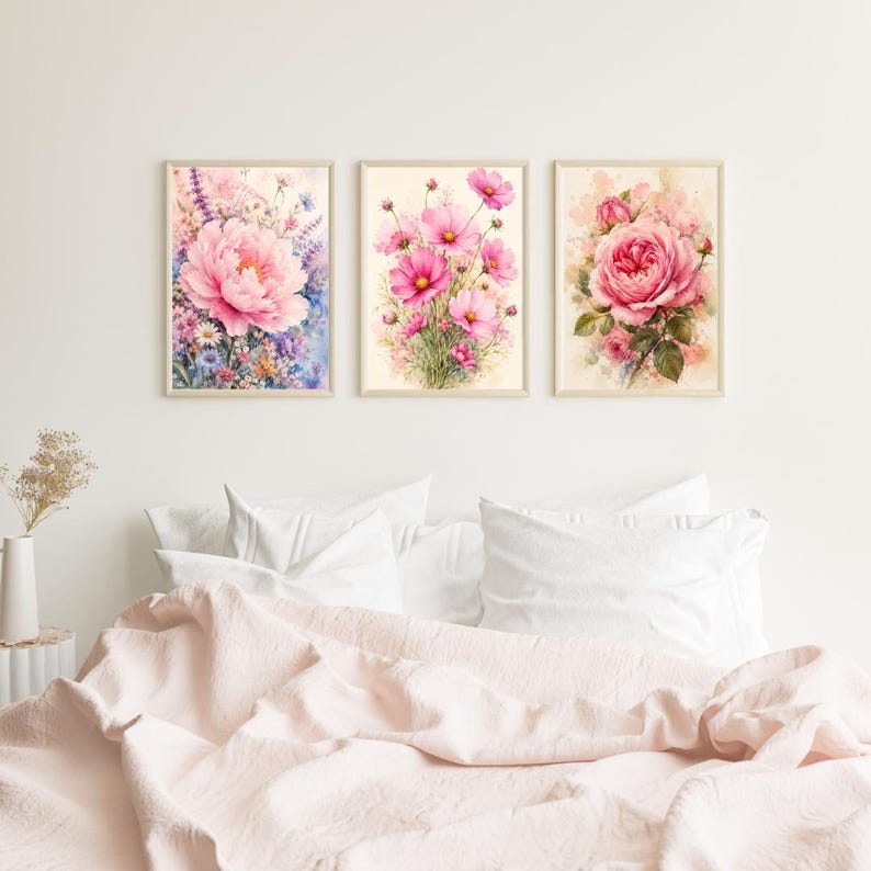 Pink Floral Wall Art Set of 3 Printable, Peony Rose Cosmos Gallery Wall ...