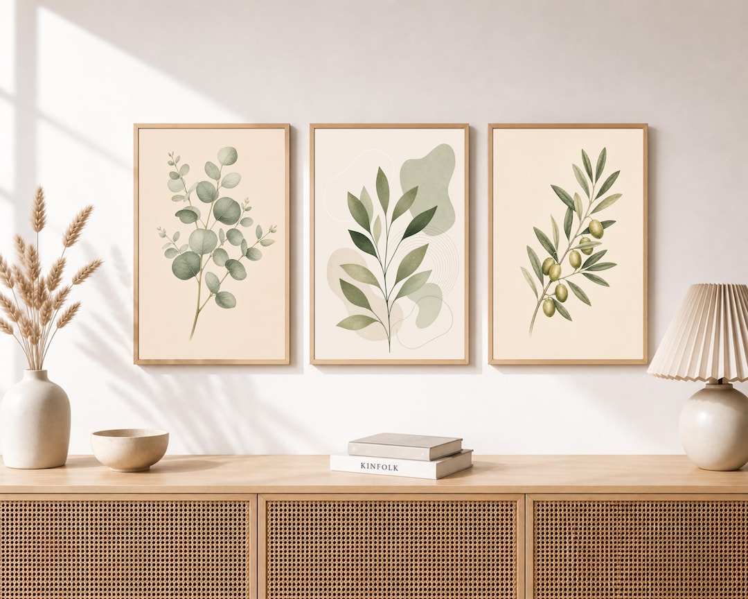 Neutral Botanical Wall Art Set of 3, Sage Green Leaf Prints, Minimal ...