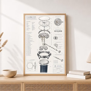 May include: A framed technical print titled Calibre 3210 Mechanical Movement, featuring an exploded view diagram of a watch mechanism with detailed parts, labels, and specifications in black ink on a white background within a light wood frame.