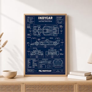 May include: A framed blueprint poster featuring a dark blue background with white technical line drawings of an Indycar open wheel racing machine. The print displays top, side, front, and rear views, along with detailed technical specifications.