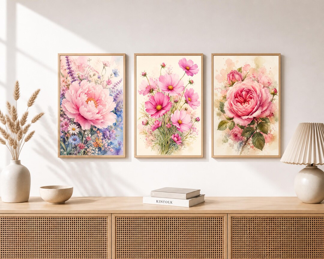 Pink Floral Wall Art Set of 3 Printable, Peony Rose Cosmos Gallery Wall ...
