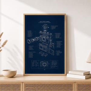 May include: A framed wall art print featuring a dark blue background with a white technical blueprint of a 35mm film camera. The exploded view diagram displays various camera components, labeled parts, and technical specifications in white text.