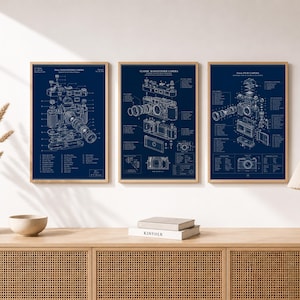 Camera Blueprint Bundle, 3 Piece 35mm Film Camera Prints, Vintage Photography Wall Art, Technical Drawing