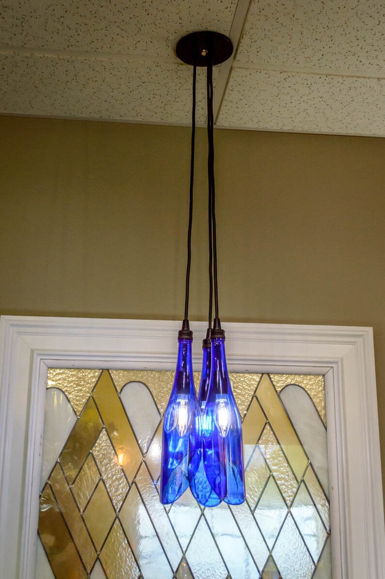 Cobalt Blue Three Bottle Pendant Light Fixture