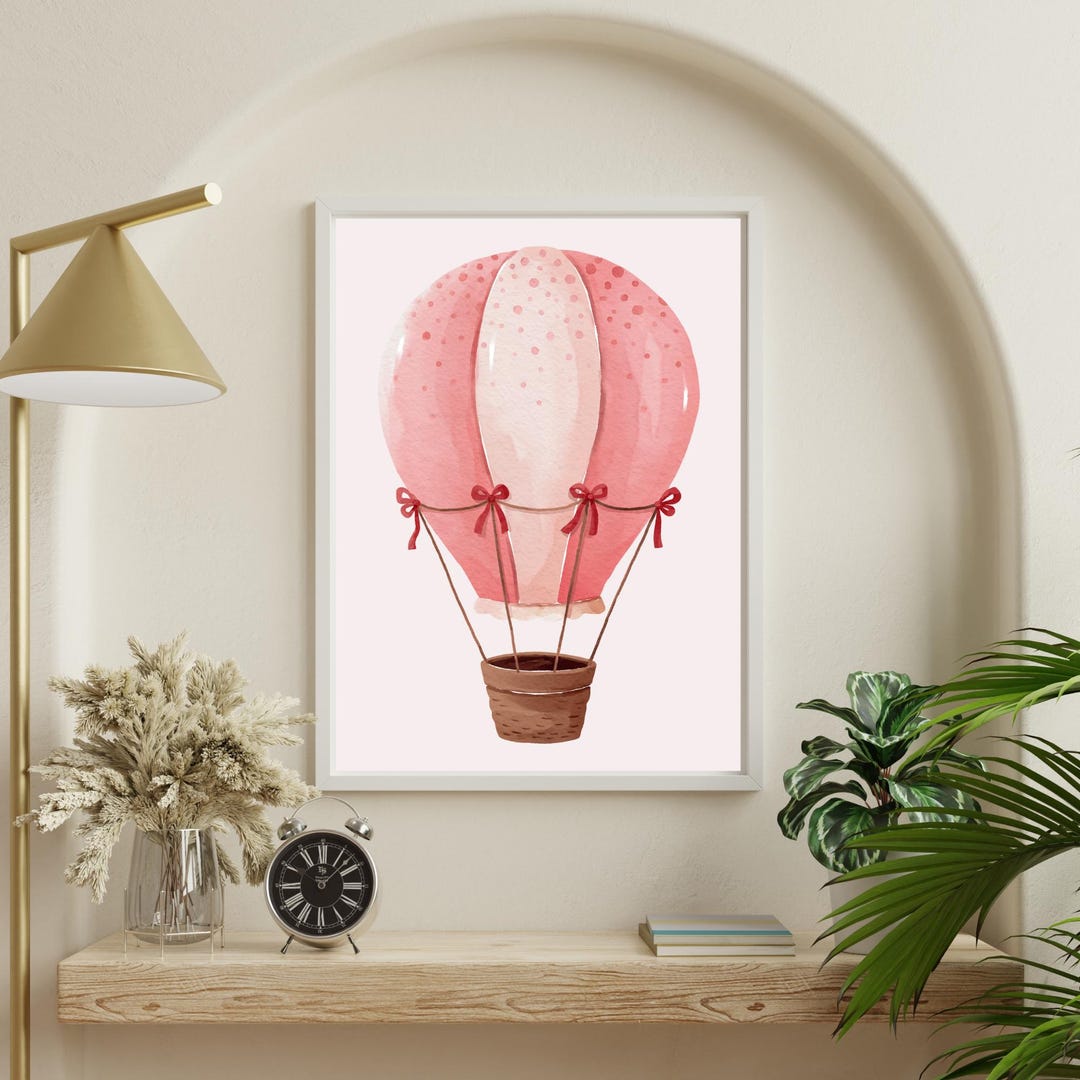 Pink Hot Air Balloon Nursery Art, Watercolor Baby Girl Room Decor ...