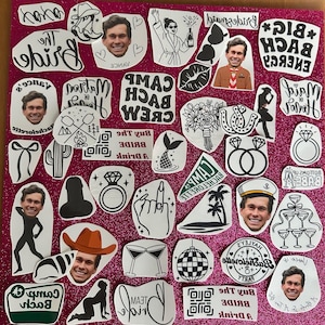 May include: A collection of white stickers with black text and illustrations on a pink glitter background. The stickers feature images of a man's face, wedding-themed graphics, and phrases like "Bride," "Bachelorette," and "Team Bride."