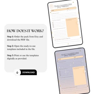 May include: Two digital yearly manifestation templates with a light beige and gold design. The templates have sections for goals and reflections. A white graphic explains how to download the PDF file. The word "DOWNLOAD" is visible.