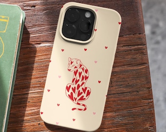Funda para teléfono con diseño de leopardo y corazones, funda protectora retro para iPhone, Samsung (MagSafe)