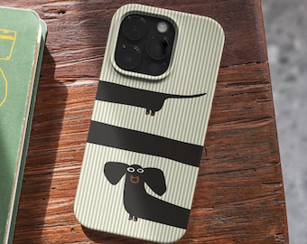 Funda para móvil con diseño divertido de perro salchicha, resistente y a rayas, compatible con iPhone y Samsung (MagSafe).