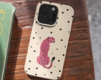 Funda para teléfono con estampado de guepardo rosa y lunares, carcasa resistente y estética para iPhone y Samsung (MagSafe).