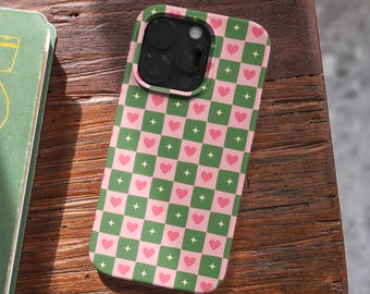 Funda para teléfono con diseño de corazón a cuadros, estilo Y2K, resistente, para iPhone, Samsung (MagSafe).