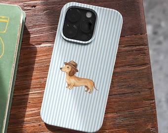 Funda para teléfono con diseño de perro salchicha, resistente y a rayas, compatible con iPhone y Samsung (MagSafe).