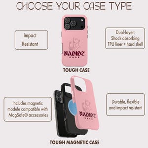 May include: Pink phone cases with the text "NADIDE CASE" and a graphic of a woman. The image shows a tough case and a tough magnetic case. The text "CHOOSE YOUR CASE TYPE" is at the top.