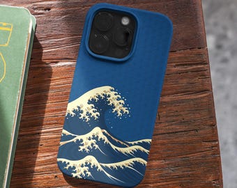 Funda para teléfono con diseño de olas japonesas, color azul marino, estilo Ukiyo-e, para iPhone, Samsung y Google Pixel, resistente (MagSafe).
