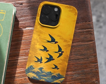 Funda para teléfono con diseño vintage de golondrina y olas del océano japonés para iPhone y Samsung (MagSafe).