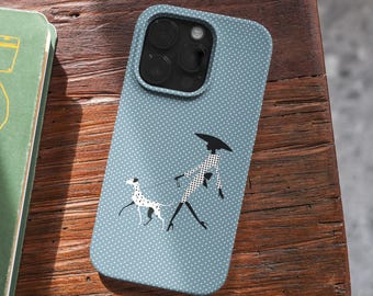 Funda para teléfono con estampado de lunares azules y perro dálmata, resistente, para iPhone, Samsung (MagSafe).