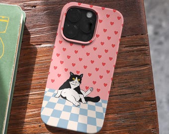 Funda para teléfono con estampado de gato a cuadros, funda resistente y divertida con diseño de gatito para iPhone, Samsung (MagSafe)
