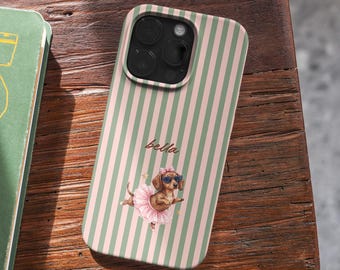 Funda personalizada para teléfono con diseño de perro salchicha, nombre personalizado para iPhone, Samsung, cubierta resistente, (MagSafe)