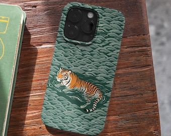 Funda para teléfono con diseño de tigre japonés nadando, estilo vintage Ukiyo-e, para iPhone, Samsung (MagSafe).