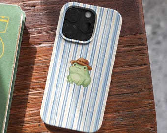 Funda para móvil con diseño de rana kawaii, resistente y a rayas, para iPhone, Samsung, regalo para ella (MagSafe)