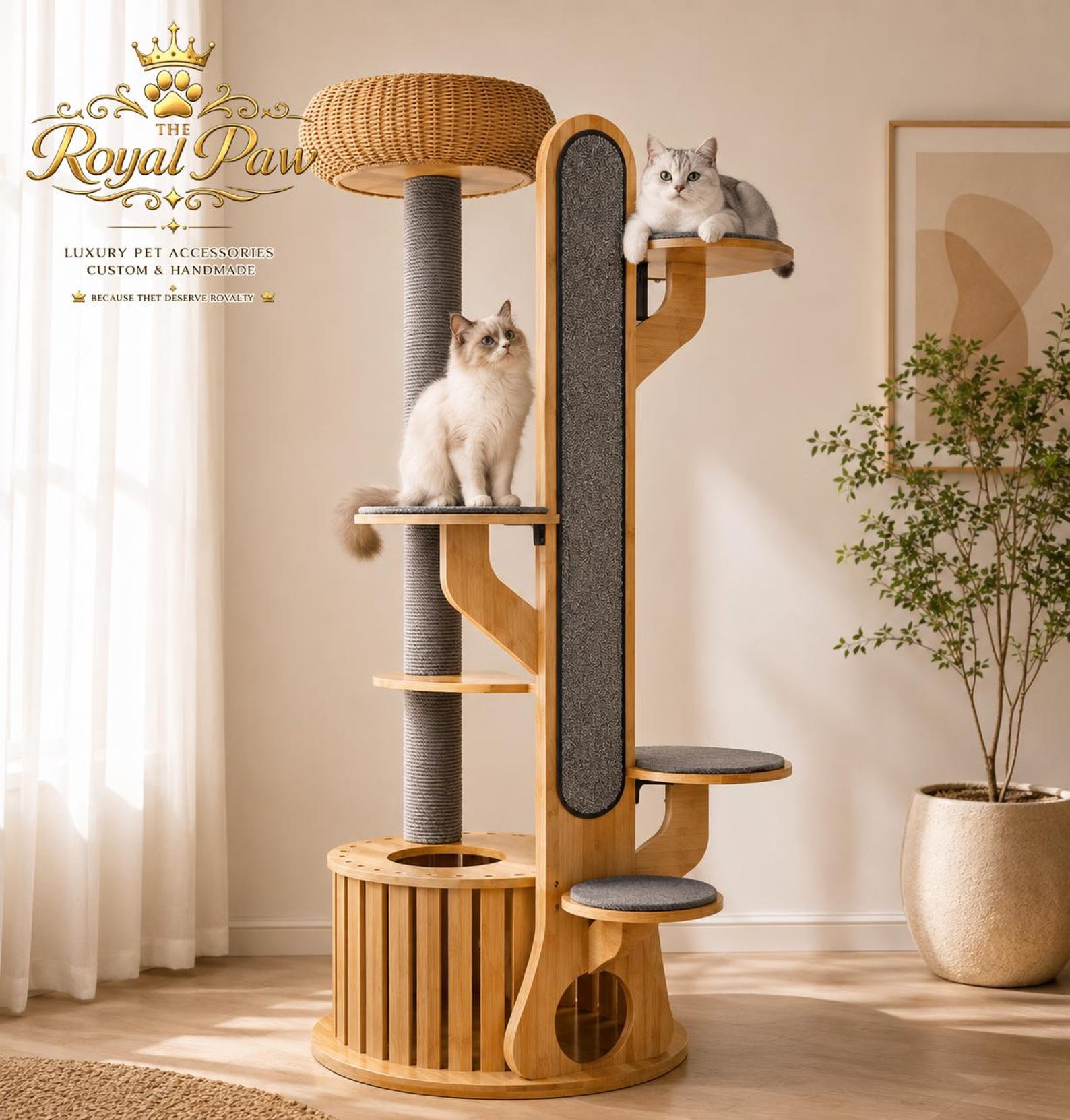 Modern Wooden Cat Tree Condo, Scratching Post, Large Indoor Activity Center