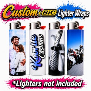 May include: Four cylindrical BIC lighter wraps featuring diverse graphic designs. One shows a couple embracing, another displays the text Koorite Customs, a third features legs in fishnet stockings, and the fourth depicts a motorcycle.