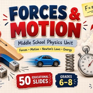 May include: Educational digital download for a middle school physics unit titled Forces & Motion. Features include a red ball on a ramp, a magnet, a blue car, a metal spring, a stopwatch, and a rocket, with text including F=ma and 50 Educational Slides.