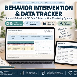 May include: A digital behaviour intervention and data tracker system displayed on a laptop and tablet screen. The interface shows student behaviour logs, incident tracking, and progress charts. Icons indicate compatibility with Excel and Google Sheets.
