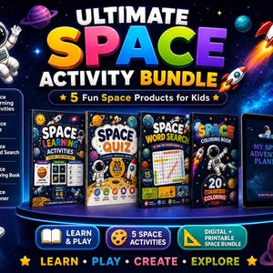 May include: An Ultimate Space Activity Bundle featuring five educational products for kids, including a learning activities book, a space quiz, a word search, a coloring book, and a space adventure planner, all displayed against a dark space background.