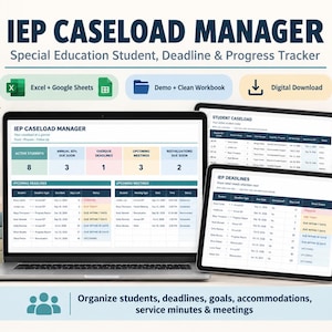 Op de afbeelding: Een digitale IEP-caseloadmanager spreadsheet weergegeven op een laptop- en tabletscherm. De interface bevat tabellen voor het bijhouden van deadlines, voortgang en vergaderingen van studenten met kleurgecodeerde statusindicatoren.