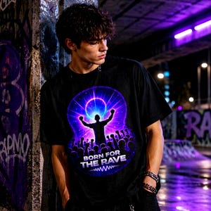 Könnte beinhalten: Schwarzes T-Shirt mit einer Neon-Grafik. Das Design zeigt eine Silhouette einer Person mit erhobenen Armen in einem leuchtenden Kreis, umgeben von einer Menschenmenge. Der Text "BORN FOR THE RAVE" wird unter der Grafik mit einer stilisierten Schallwelle angezeigt. Das Design ist in Lila- und Blautönen gehalten.