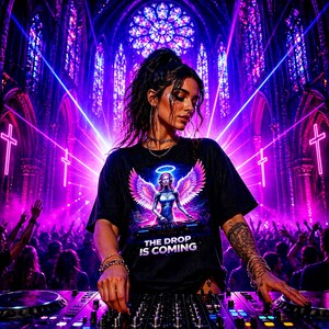 Può includere: Una persona indossa una maglietta nera con una grafica di un angelo DJ con ali rosa e la scritta "THE DROP IS COMING". La persona è a una console da DJ in un locale con una folla e illuminazione viola neon.