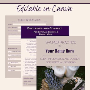 Op de afbeelding: Een cliëntsessiepakket voor spirituele beoefenaars, bewerkbaar in Canva. Het ontwerp bevat secties voor klantinformatie, een disclaimer en toestemmingsformulieren. De afbeelding bevat ook kaarsen, gedroogde lavendel en een spiegel.