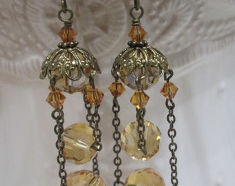 Vintage Inspired ~ Chandelier Earrings ~ Unique Vintage Style ~ Antiqued Brass Findings ~ Swarovski Crystals ~ Long ~ Dangle Earrings