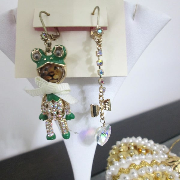 WHIMSICAL !! FABULOUS !! Fun Betsy Johnson !! Mismatched Earrings ~ Incredible Fun Earrings ~ Asymmetrical Dangle Earrings ~ LION Frog