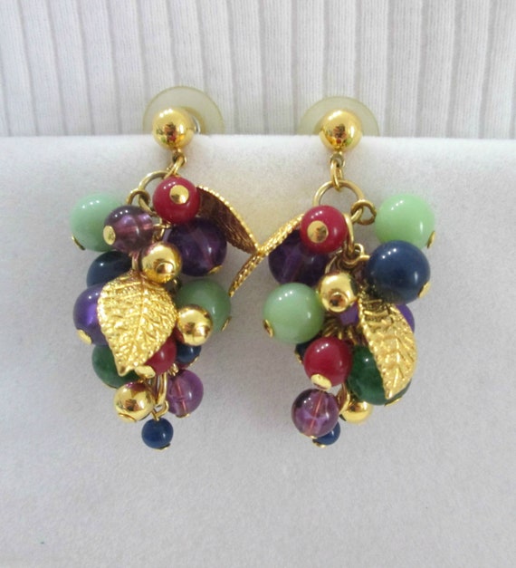 Sale, Vintage Dangle Earrings, Post Style Earrings, Fun Colorful Earrings, Multi Color Round Beads With Gold Leafs, Gold Tone Earrings