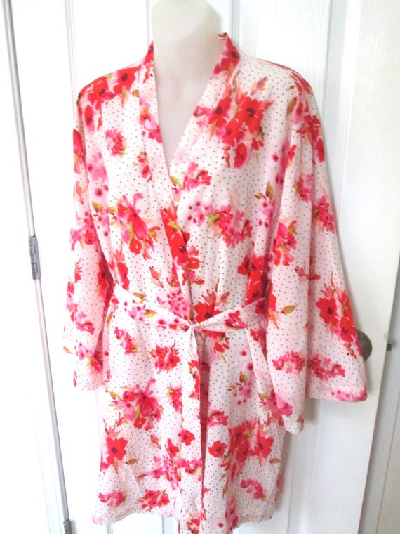 Oscar de la renta Floral Kimono Robe | Romantic Vintage Lounge Robe | Pink Red Flower Print | Soft Silky Belted Wrap | SAF