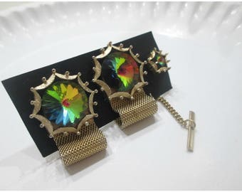 Vintage Dante Cuff Links And Tie Tack, Hallmarked DANTE, Gold Mesh Wrap, Rainbow Quartz Center Gemstones, Stunning Set, Great Gift Idea