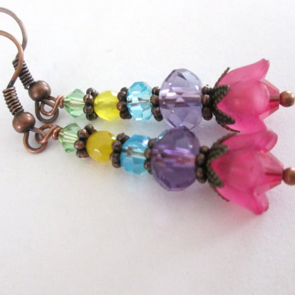 Floral Earrings | Colorful Dangle Earrings | Hot Pink | Purple | Blue | Yellow | Rainbow Earrings