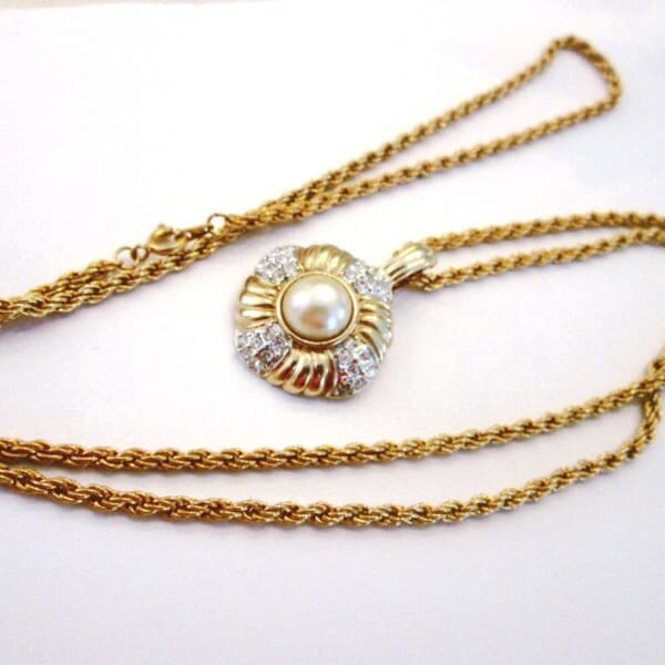 On Sale, Vintage Designer Signed ROMAN Necklace With Pearl And Rhinestone Pendant, Long 29 Inch Chain