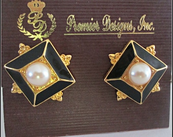 Vintage Premier Designs INC. Earrings, Sparkling Gold Tone, Enamel And Pearl  Earrings, Clip Ons, Stunning Statement Earrings