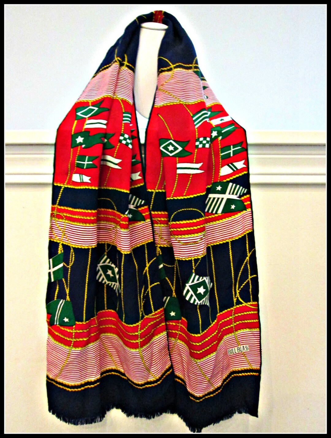 Vintage Bill Blass Scarf ~ Red ~ White ~ Blue ~ Green ~ Stripes and ...