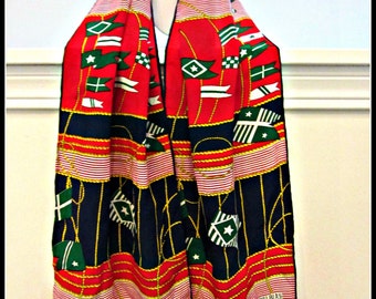 Vintage Bill Blass Scarf ~ Red ~ White ~  Blue ~ Green ~ Stripes And Flags ~ Nautical Feel ~ 57 Inch Oblong