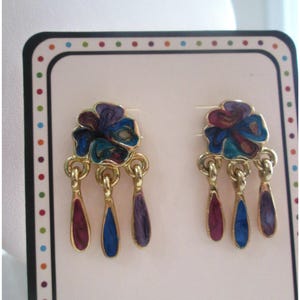 Vintage Enamel Earrings, Dangle Earrings,  Gold Tone Earrings, Pierced Post Style, Flower Earrings
