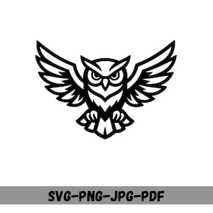 Peut inclure: Graphique noir et blanc d'un hibou aux ailes déployées. Le hibou est représenté dans un design stylisé et géométrique, avec des motifs de plumes détaillés. Le texte "SVG-PNG-JPG-PDF" est affiché en dessous.
