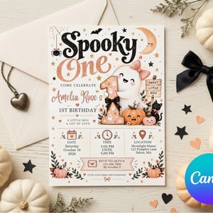 Spooky One Birthday Invitation Template, Editable Halloween 1st Party Invite, Pink Ghost Canva Graphic, Printable Pumpkin Card
