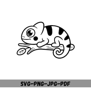 Może przedstawiać: Czarno-biała ilustracja kreskówki przedstawiająca kameleona siedzącego na gałęzi. Kameleon ma duże oczy i wzór w paski na grzbiecie. Obraz zawiera tekst "SVG-PNG-JPG-PDF" u dołu.