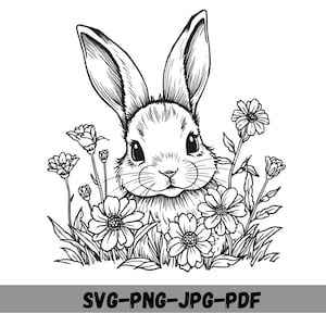 Bunny in Flowers Svg PNG, Wildflower Rabbit Cut File, Spring Png,  Nursery Decor, Floral Vector, Bunny Clipart, Cricut, Silhouette, Download