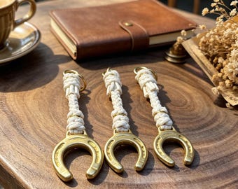 Brass Horseshoe Macrame Keychain Lucky Western Gift for Her Handmade Bag Charm